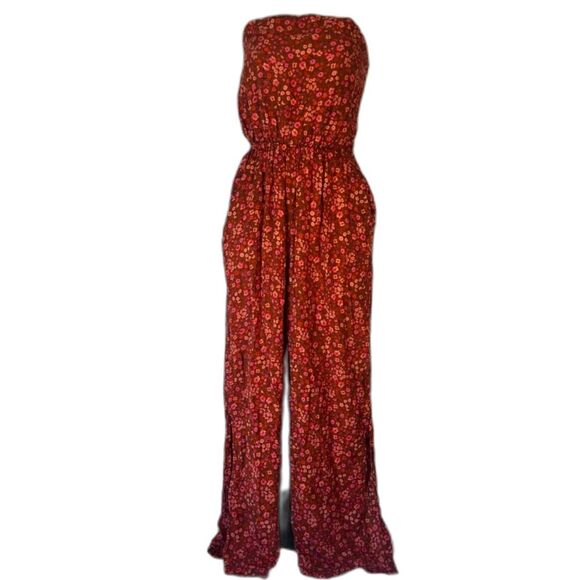 Tiare Hawaii Strapless Back Tie Jumpsuit Rust Orange Floral Print Size O/S - Picture 1 of 12